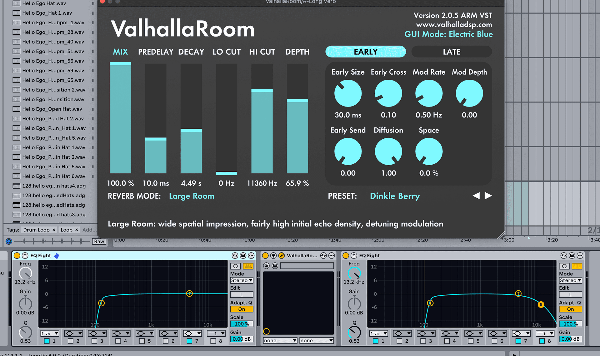 ReverbAndDelay A screenshot showcasing the plugin Valhalla Room within the Ableton Live program.