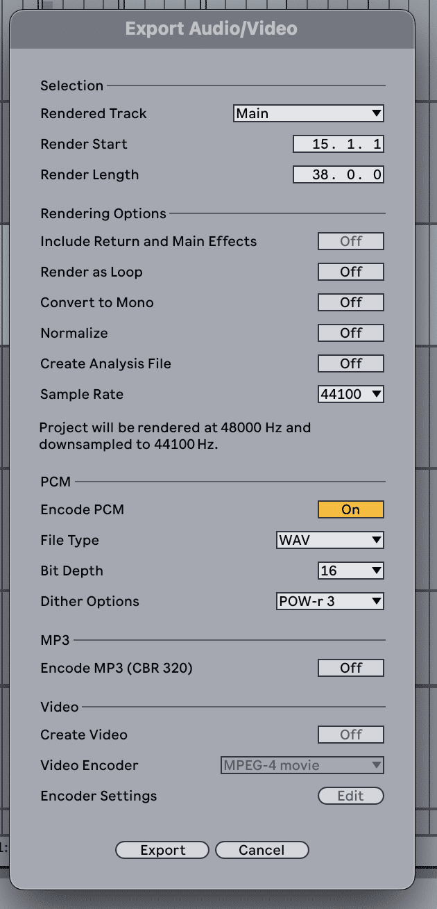 ExportAudioAbletonLive A screenshot of the export screen within Ableton Live.